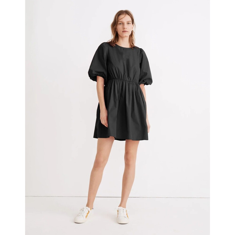 MADEWELL Poplin Crewneck Bubble-Sleeve Mini Dress 12 Black Gather Waist NWT B48